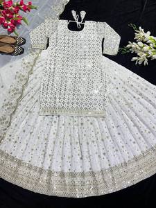 Readymade Traditionnel Ethnique Indien Pakistanais Kurti & Dupatta Ensemble, Georgette Avec Sequin Broderie Travail Pleine Couture Partie - Product Image 3