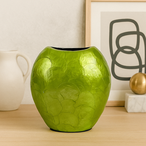 Vase en céramique ovale vert brillant fait à la main avec incrustation de Capiz Vase à fleurs en coquillage décoratif pour la maison Table salon décor de mariage - Product Image 5