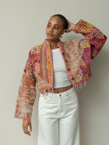 <b>Patchwork</b> Print Woven <b>Jacket</b> With Fringe Details Stand Collar Full Sleeve Boxy Fit Spring Women's Outerwear - Product Image 2