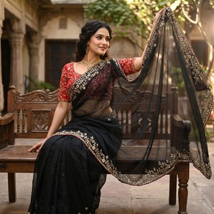 Elegant Black Silk Saree with <b>Red</b> Embroidered <b>Blouse</b> Traditional Indian Wedding Wear for Women Regular Fit - Product Image 2