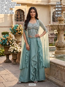 Salwar Kameez brodé élégant avec pantalon palazzo, coupe ample longueur ras du sol, style indien pakistanais, robe pour femme pour mariage - Product Image 4