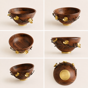 Tazón de servir de madera de acacia artesanal de primera calidad con elegante asa de latón con diseño de orquídea dorada para ensaladas, frutas y como pieza central decorativa para el hogar. - Product Image 3