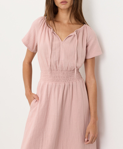 Vestido Midi 100% Orgánico de Doble Gasa con Cuello Abierto y Lazos, Mangas Raglán con Volantes y Cintura Elástica Fruncida - Product Image 3
