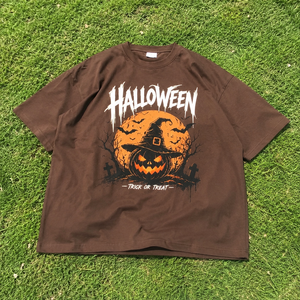 T-shirt d'Halloween pour homme, coupe oversize, en coton marron, avec imprimé graphique Jack O'Lantern, citrouille, chauve-souris, chapeau de sorcière, manches courtes, décontracté - Product Image 6