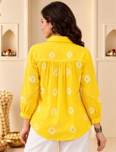 <b>Women</b> <b>Yellow</b> Geometric Printed Poplin Button Down Shirt Three Quarter Sleeve Casual Loose Fit Spring Summer White Pants Set - Product Image 3