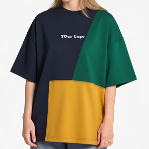 T-shirt oversize femme à blocs de couleur, col rond, manches courtes, coupe ample, en coton tricoté, jaune moutarde, vert, bleu marine – Prix abordable - Product Image 1