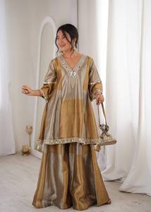 Gold Beige Modern Ethnic Co-Ord Set Women Embroidered Flared Kurta with Wide Palazzo Pants Designer Party Wear - Product Image 1