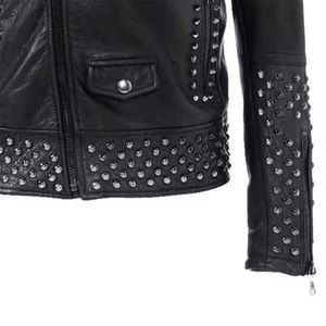 Veste de moto en cuir de style punk pour homme avec décoration en rivets, fermeture à glissière, col rabattable - Product Image 4