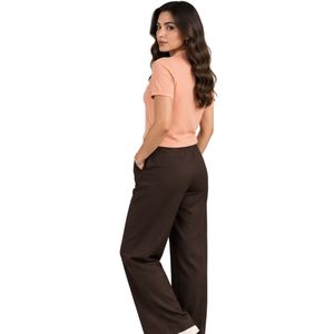 Peach Half Zip Collared Short Sleeve Polo <b>Top</b> with Brown Wide Leg Pleated Pants <b>Womens</b> <b>Smart</b> Casual Outfit - Product Image 5