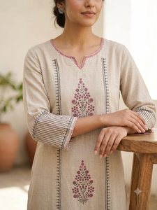 <b>Women</b> Beige Cotton Embroidered <b>Kurta</b> Loose Fit Ankle-Length Traditional Casual Ethnic Wear India Pakistan Style - Product Image 2