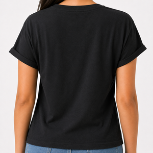 Camiseta de Mujer Negra con Lentejuelas y Logotipo, 100% Algodón Suave, Estampado Floral de Puntos y Líneas Artísticas, Manga Corta, Cuello Redondo, Estilo Casual - Product Image 3