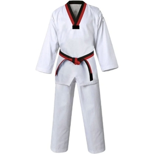 White Taekwondo Uniform With <b>Red</b> Black Trim Full Sleeves Durable Cotton <b>Material</b> Unisex Children's Martial Arts Wear - Product Image 1