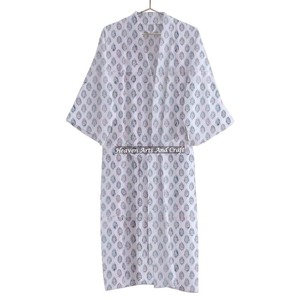 Bloc imprimé indien fait à la main pur coton écologique longueur au sol doux luxe confortable Kimono Robe femmes peignoir vêtements de nuit - Product Image 4