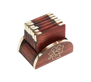 Handmade Wooden Coaster <b>Set</b> with Holder Brass Inlay <b>Square</b> Drink Coasters Rustic Table Decor Gift <b>Set</b> of 6 - Product Image 4