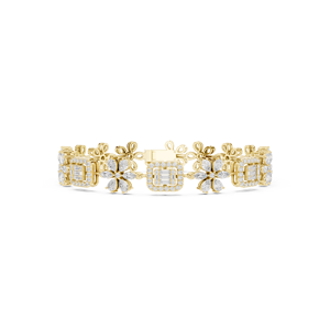 Pulsera de Diamantes Florales de Lujo en Oro Amarillo de 18K con Diamantes Cultivados en Laboratorio, Pulsera de Eslabones Florales con Diamantes en Corte Esmeralda y Marquesa en Oro Amarillo - Product Image 1