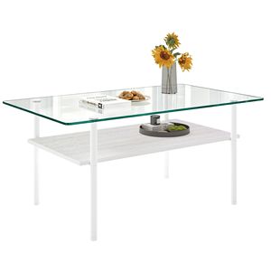 Tavolino da Caffè Moderno Rettangolare in Vetro con Piano in Vetro Temperato e Ripiano in Legno, 38,6 Pollici, Tavolo Centrale Minimalista per Soggiorno - Product Image 2