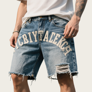 Nuevos Shorts de Mezclilla para Hombre, Corte Slim Fit, Elásticos, de Algodón, Azules, con Dobladillo Enrollado, Estilo Desgastado Personalizado, Shorts de Mezclilla de Verano - Product Image 1
