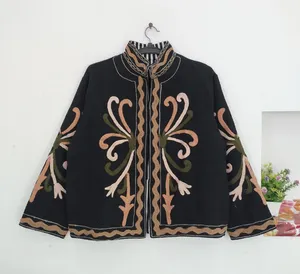 Chaqueta Boho Suzani Negra Hecha a Mano con Bordado Floral Colorido, Abrigo de Manga Larga para Mujer, Otoño-Invierno - Product Image 2
