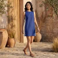 Robe Courte Femme en Popeline de Coton Bleue à Rayures Ondulées, Tissu Léger, Style Moderne, Coupe Confortable