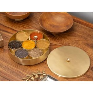 Luxury Brass Finish Metal <b>Spices</b> <b>Box</b> Round Masala Dani Set with Etched Lid 7 Compartments Kitchen <b>Spice</b> Storage Container <b>Box</b> - Product Image 4