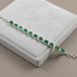 Green Onyx 925 Silver Bracelet Bezel Set Oval Green Stones Classic <b>Chain</b> Link Unisex Everyday Wear - Product Image 4