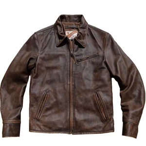 Blouson de motard rétro décontracté pour homme en cuir de veau véritable, coupe oversize ajustée, col montant, logo frontal, coupe-vent - Product Image 2