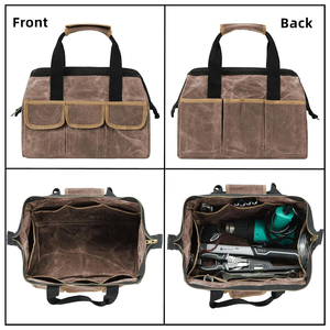 Bolsa de Herramientas de Lona Encerada de Alta Calidad, Resistente, OEM/ODM, 15 Pulgadas, Gris, Boca Ancha, Organizador, Cierre de Latón, 15 Bolsillos, Resistente al Agua - Product Image 4