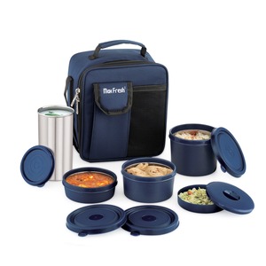 MaxFresh <b>Lunch</b> Box <b>Set</b> 5Pcs Stainless Steel Round Containers With Plastic Lids Portable Leak Proof Bpa Free Blue - Product Image 1