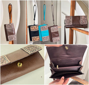 Cartera de mano de cuero mecanizada a mano de estilo occidental superventas, cartera de mano de cuero genuino Floral en relieve, tarjetero, monedero - Product Image 4