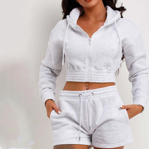 Ensemble 2 pièces pour femme : short et sweat-shirt court à capuche boutonné, couleur unie, en molleton, décontracté, sportswear, hiver, coupe ample, écoresponsable - Product Image 6