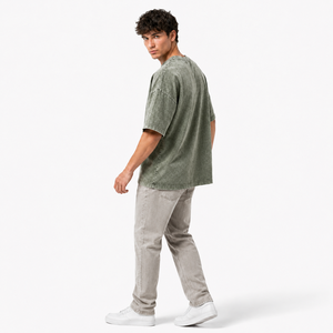 T-shirt en coton uni surdimensionné pour homme, manches courtes, col rond, jersey décontracté, streetwear, écologique, délavé à l'acide, effet usé - Product Image 3