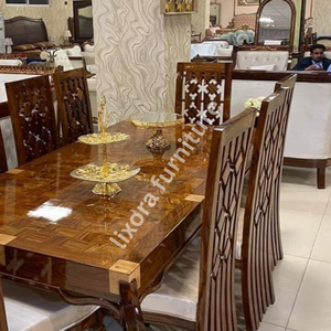 Luxury Handcrafted Solid Wood 8 Seater Dining <b>Table</b> Set High Gloss <b>Walnut</b> Finish Ornate Carved Chairs - Product Image 2