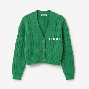 Cárdigan Verde de Punto con Cuello en V para Mujer, Manga Larga, Casual, Verano, Botones al Frente, Bordado Floral, Estilo Vintage - Product Image 1