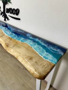Table console en bois massif avec bord naturel, résine époxy effet vague océanique, faite à la main, mobilier d'entrée côtier, écologique, durable, moderne, de luxe, style rivière - Product Image 3