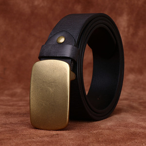 Ceinture automatique vintage en cuir de vachette noir massif avec boucle rectangulaire en cuivre, largeur 3,5 cm, longueur 110 cm, durable, design décontracté pour homme - Product Image 1