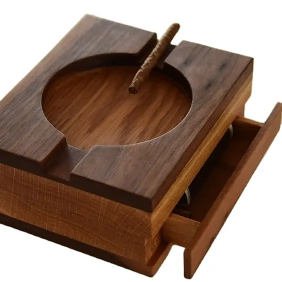 Movable Table Centerpiece Ashes tray With Cigarette Storage Drawer Environmental Acacia Customized Handmade Ashtray At Low Cost