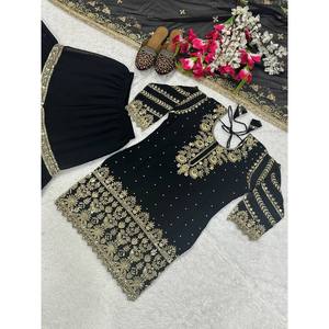 Haut de fête en mousseline de soie de créateur avec pantalon Sharara Plazzo et dupatta, look élégant - Product Image 1