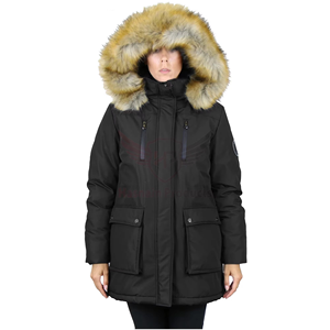Women <b>Black</b> Genuine Leather Breathable Jacket Fur Trim Hood Zipper Closure Long Sleeve Winter Coat Windproof Thick Animal Print - Product Image 3