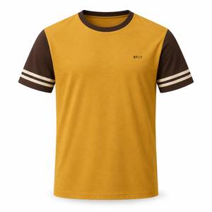 T-shirt à manches courtes jaune moutarde pour homme avec manches contrastées marron et rayures blanches, col rond, coupe décontractée - Product Image 1