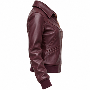 <b>Womens</b> Burgundy Genuine Leather Aviator <b>Jacket</b> <b>Vintage</b> Zip Up Ribbed Hem Coat Darkry Custom Factory Wholesale Supplier - Product Image 3