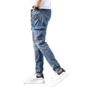 Jeans de Mezclilla Cargo para Hombre, Color Azul Sólido, Corte Ajustado, Cintura Media, Estilo Motociclista, con Cierres y Bolsillos, para Otoño, Tela de Algodón - Product Image 6