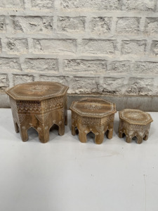Solid <b>Wooden</b> Hand Painted Nesting <b>Tables</b> Set of 3 Octagonal Brown <b>Coffee</b> <b>Tables</b> with Traditional White Tribal Patterns - Product Image 2