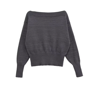 Women's Gray Cropped Pullover <b>Sweater</b> With Lantern Sleeve O-Neck Casual Solid Knit Autumn Wear 100% Acrylic Flat Knitted - Product Image 1