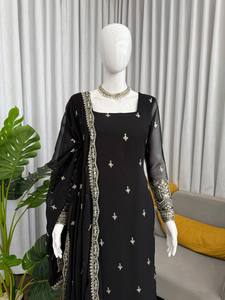 Traje Salwar de Georgette Foux Negro Bordado para Mujer, Ropa Tradicional India y Pakistaní para Bodas y Fiestas, Microalgodón de Secado Rápido - Product Image 2
