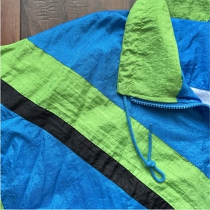 Unisex Blue Green Color Blocking <b>Track</b> <b>Jacket</b> Full Sleeve Crew Neck <b>Vintage</b> Style 100% Nylon Lightweight Waterproof Summer Wear - Product Image 4