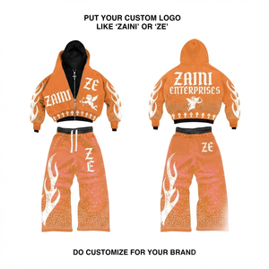 ZAINI Premium 350grams Cotton Fleece Orange Black Men's Winter Streetwear Tracksuit Rhinestone Heat Transfer Custom Logo <b>Set</b> - Product Image 1