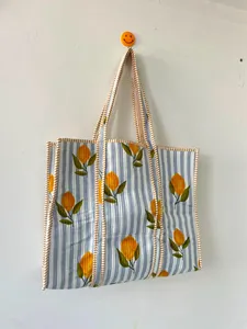 Bolsa de Mano de Algodón a Rayas Azul Cielo Premium con Estampado de Limones, Estilo Bohemio, Casual de Verano, Bolsa de Compras Abierta para Mujer - Product Image 4