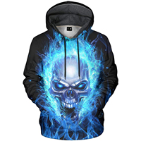 Sudadera con Capucha Oversize de Algodón 100% con Estampado Digital 3D de Calavera con Llama Azul para Hombre, Estilo Urbano Hip Hop, Colección 2026 - Desbloquea tu Estilo