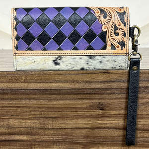 New Style Large-Capacity Hand Tooled Checkered Leather Wristlet <b>Clutch</b> Simple Elegant Genuine Cowhide Leather Wallet for Women's - Product Image 5