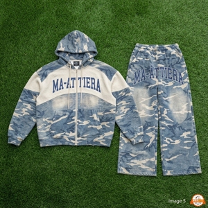 Men Blue <b>White</b> Camouflage <b>Zip</b> <b>Up</b> Hoodie Tracksuit Set Loose Fit Contrast Panel Streetwear Custom OEM ODM Wholesale - Product Image 5